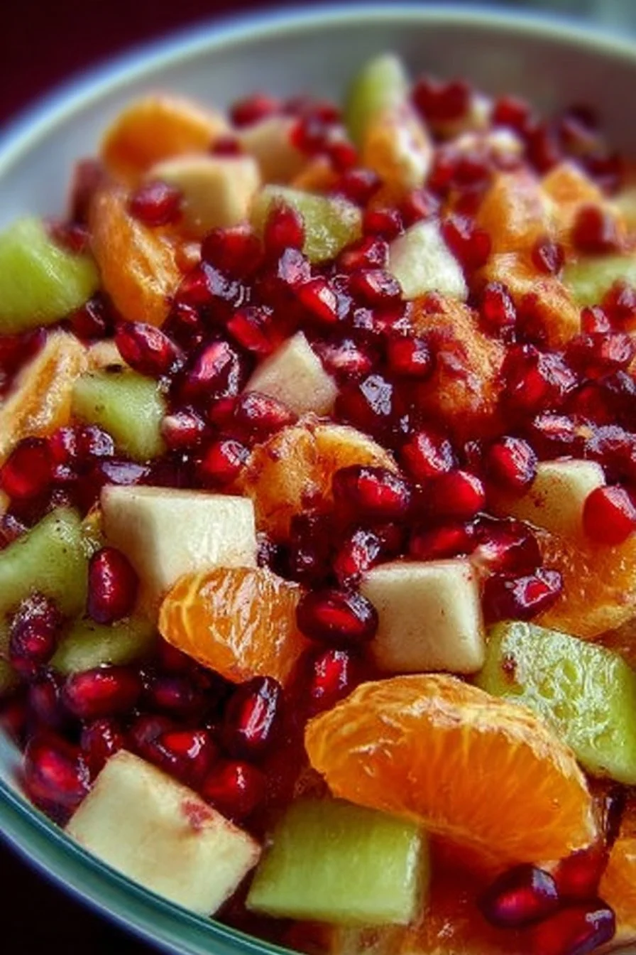 Colorful winter fruit salad with seasonal fruits for a refreshing treat