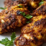 Crispy air fryer boneless chicken thighs served on a plate