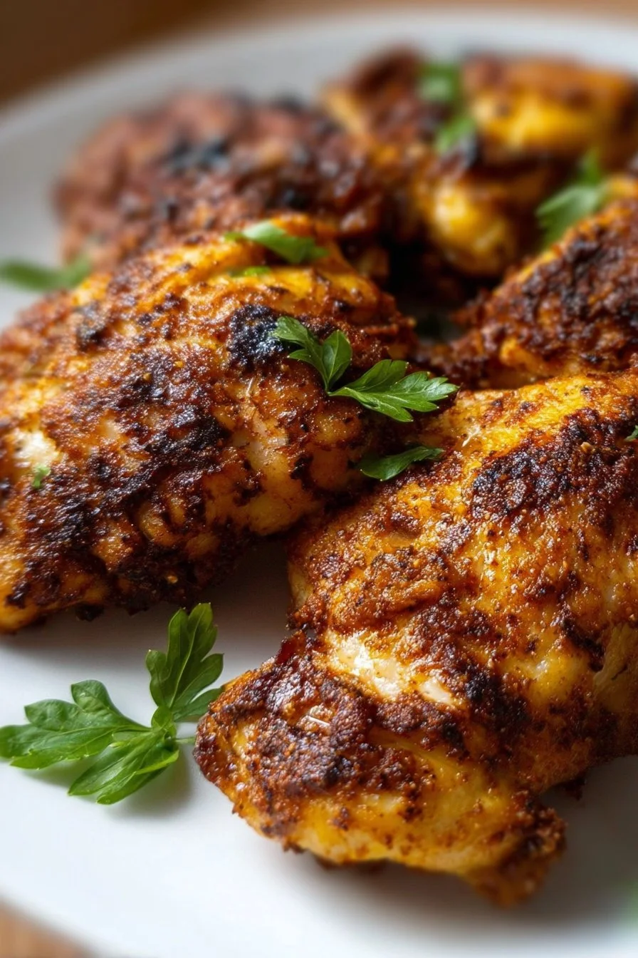 Crispy air fryer boneless chicken thighs served on a plate