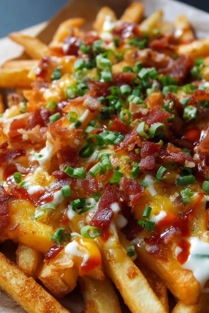Plate of amazing loaded fries topped with cheese and bacon