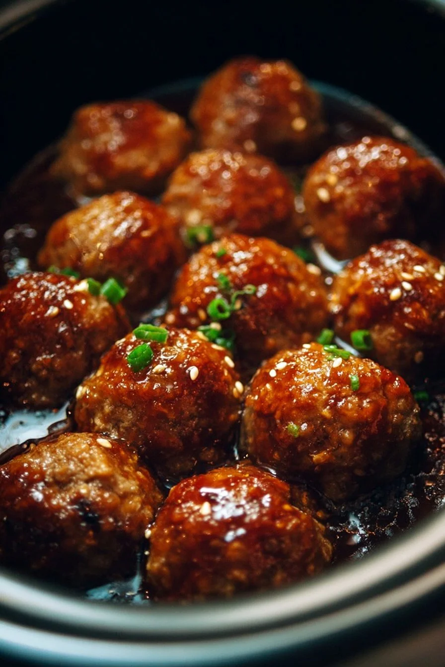 Slow-cooked Asian meatballs in a crockpot, garnished and ready to serve.