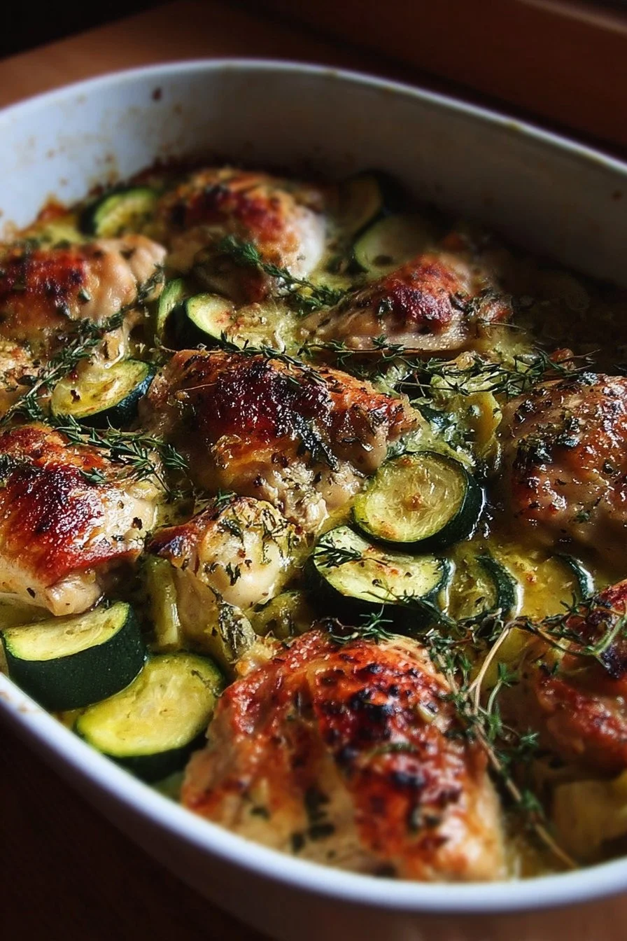 Baked Chicken with Zucchini served on a plate, garnished with herbs.