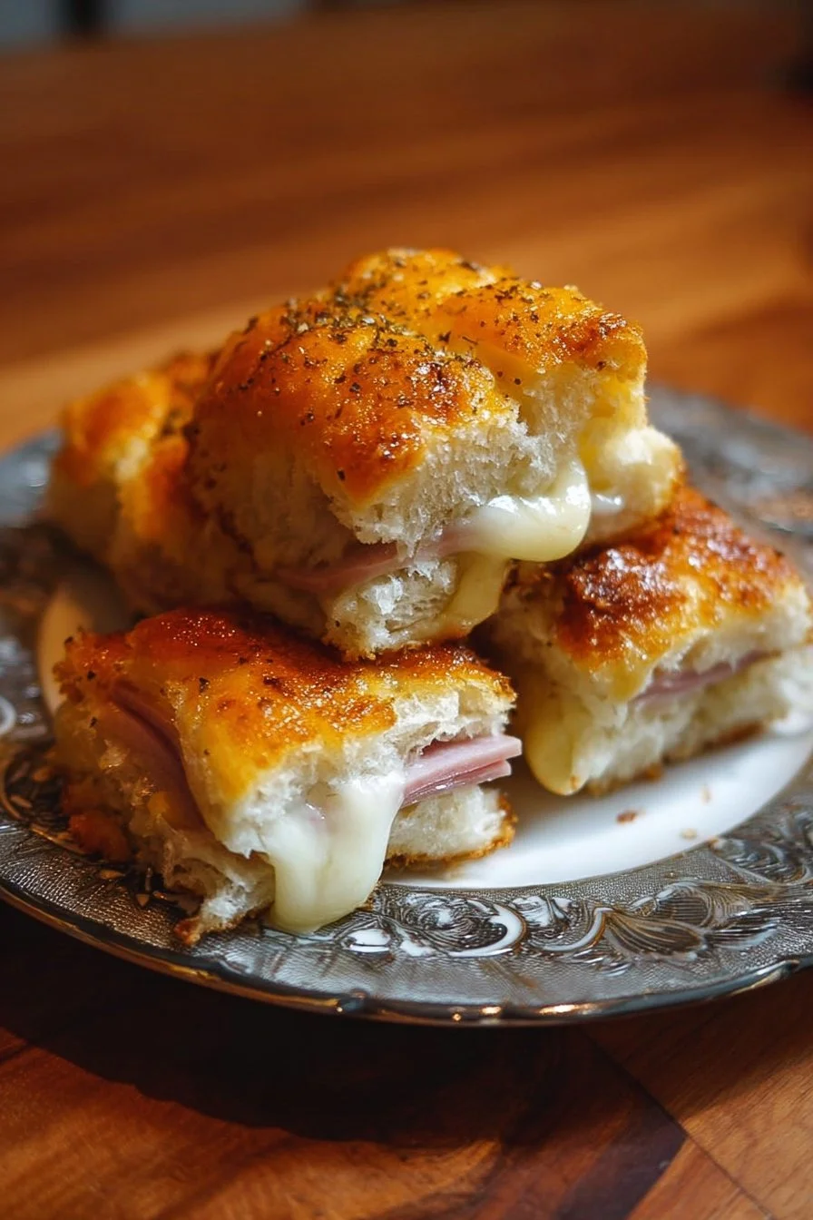 Delicious baked Hawaiian sandwiches with ham and cheese on a platter