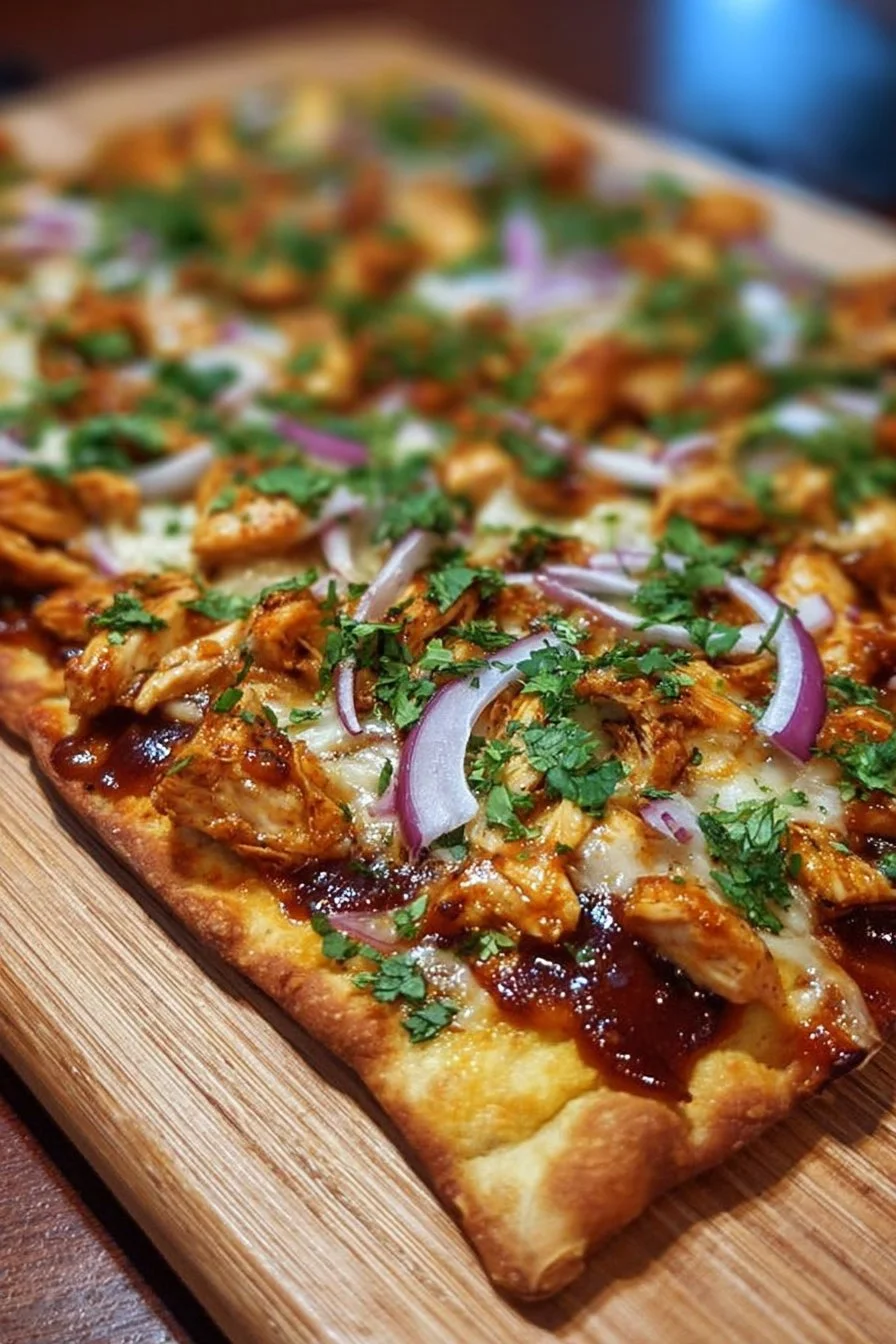 BBQ Chicken Flatbread Pizza 2 BBQ chicken flatbread pizza topped with barbecue sauce and fresh ingredients