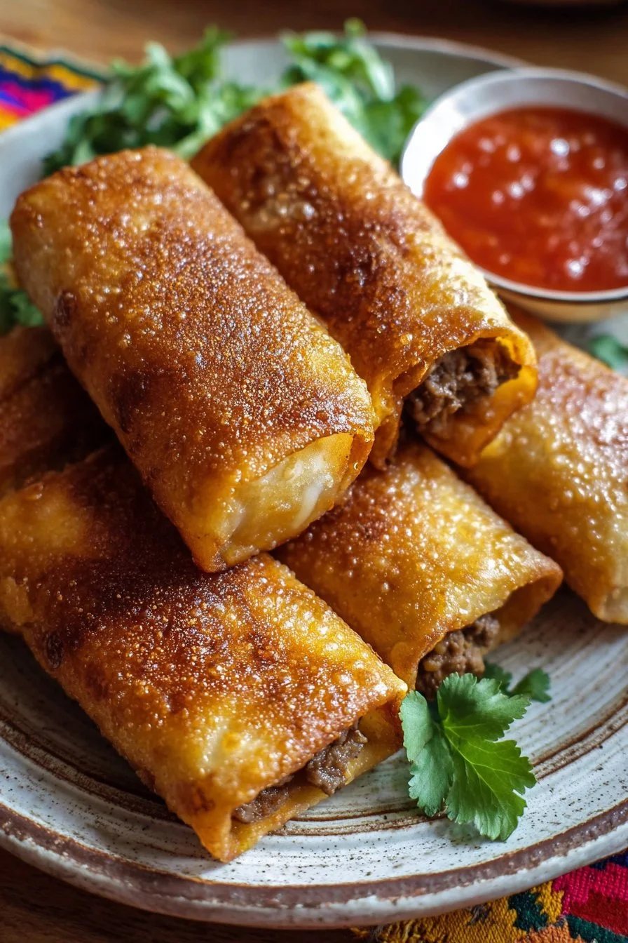 Delicious Beef and Cheese Chimichangas served with toppings.