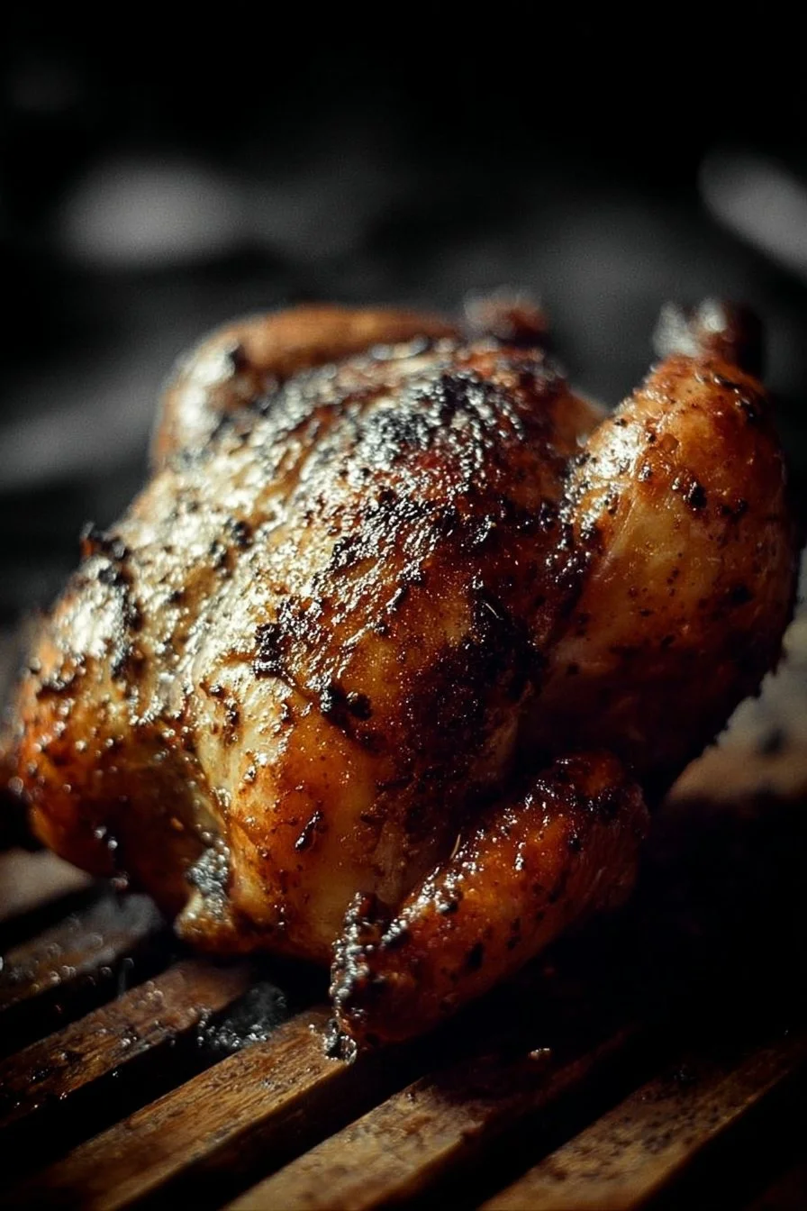 Delicious Beer-Can Chicken grilling on a barbecue grill.
