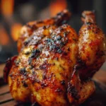 Deliciously cooked Beer-Can Chicken on a grill with a can of beer inside.