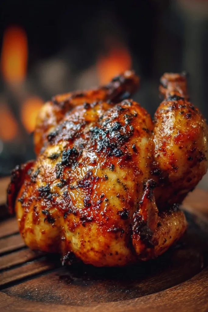 Deliciously cooked Beer-Can Chicken on a grill with a can of beer inside.
