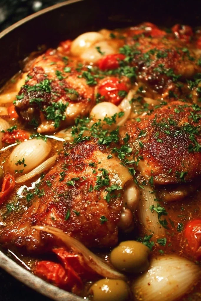 Delicious Braised Provencal Chicken served with herbs and vegetables.