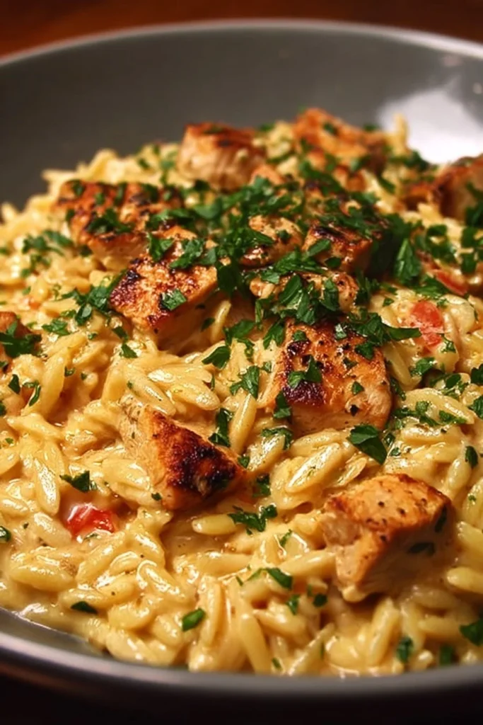 Cajun Chicken Alfredo Orzo served in a bowl garnished with parsley