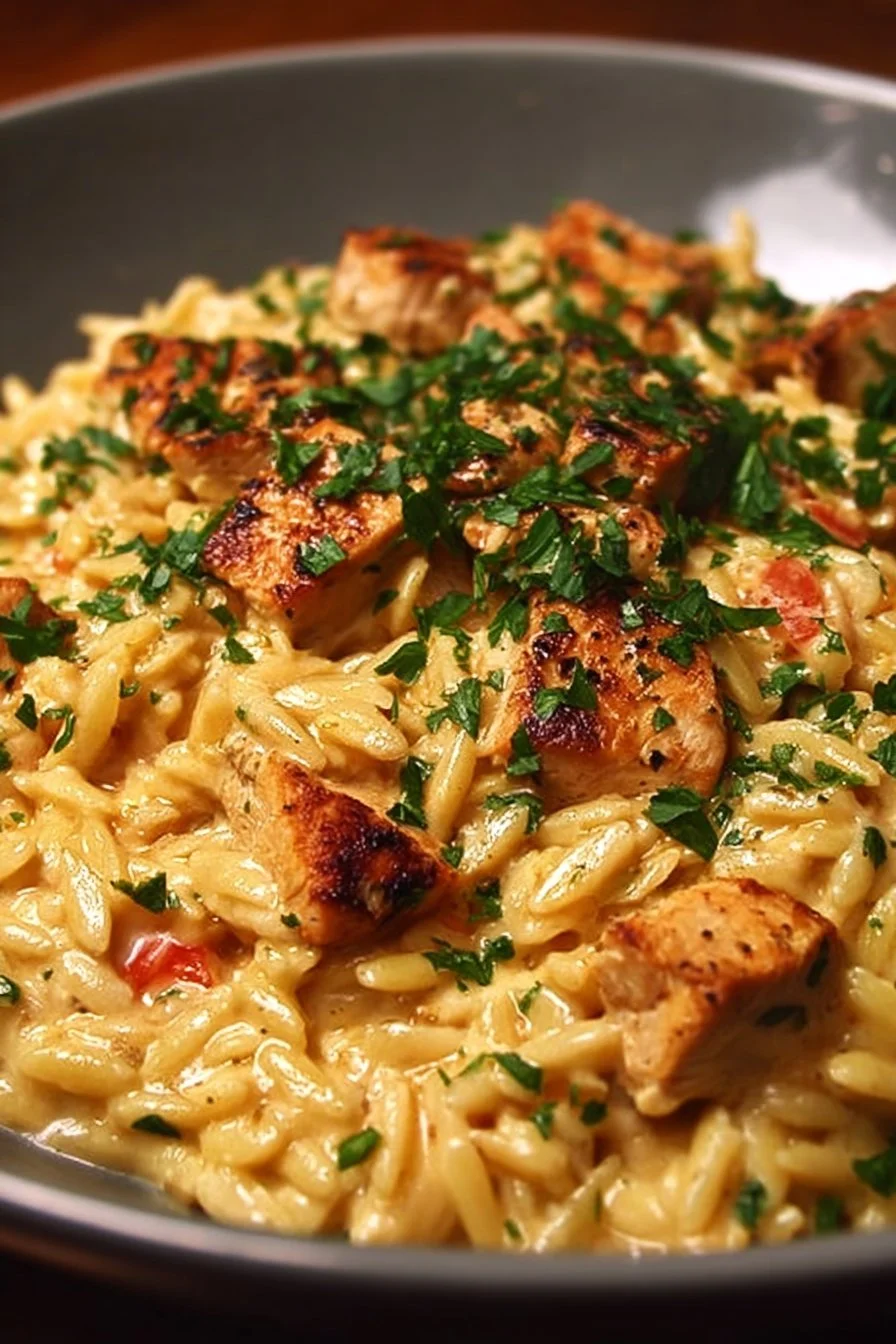 Cajun Chicken Alfredo Orzo 2 Cajun Chicken Alfredo Orzo served in a bowl garnished with parsley