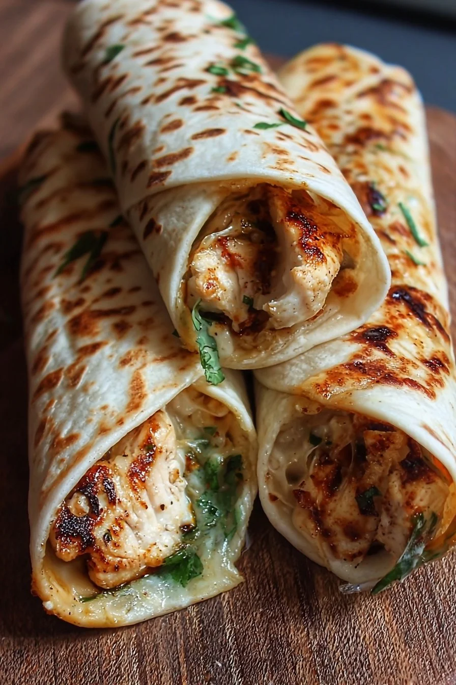 Cheesy Garlic Chicken Wraps 2 Cheesy garlic chicken wraps filled with tender chicken and melted cheese