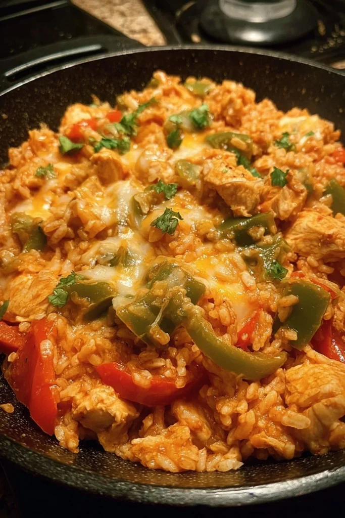 Cheesy Queso Chicken Fajita Rice Skillet with bell peppers and chicken