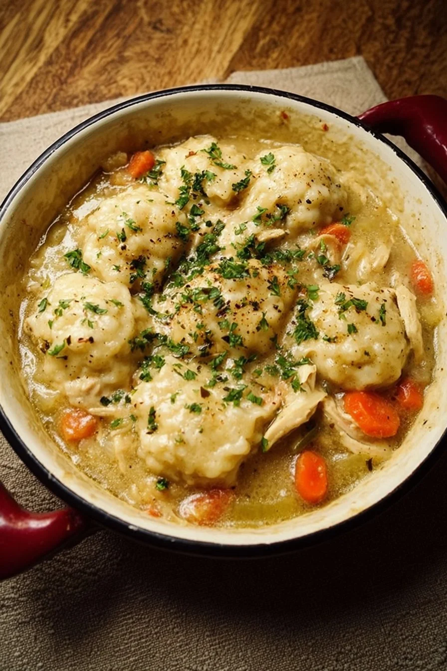 Bowl of homemade Chicken and Dumplings with fresh herbs and vegetables