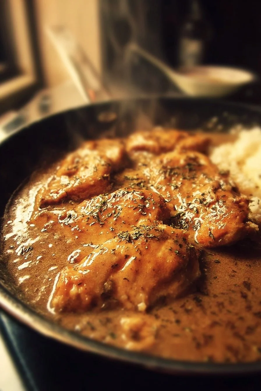 Delicious homemade chicken and gravy served over fluffy mashed potatoes.