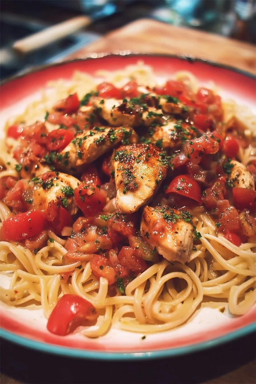 Chicken Bruschetta Pasta 2 Delicious Chicken Bruschetta Pasta topped with fresh tomatoes and basil.
