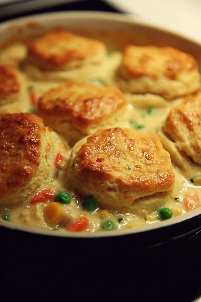Delicious Chicken Pot Pie with flaky biscuits on top, ready to serve.
