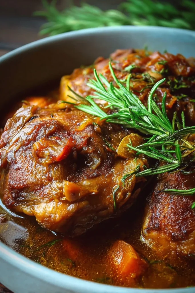 A savory Chicken Thigh Osso Bucco dish served with vegetables and herbs.