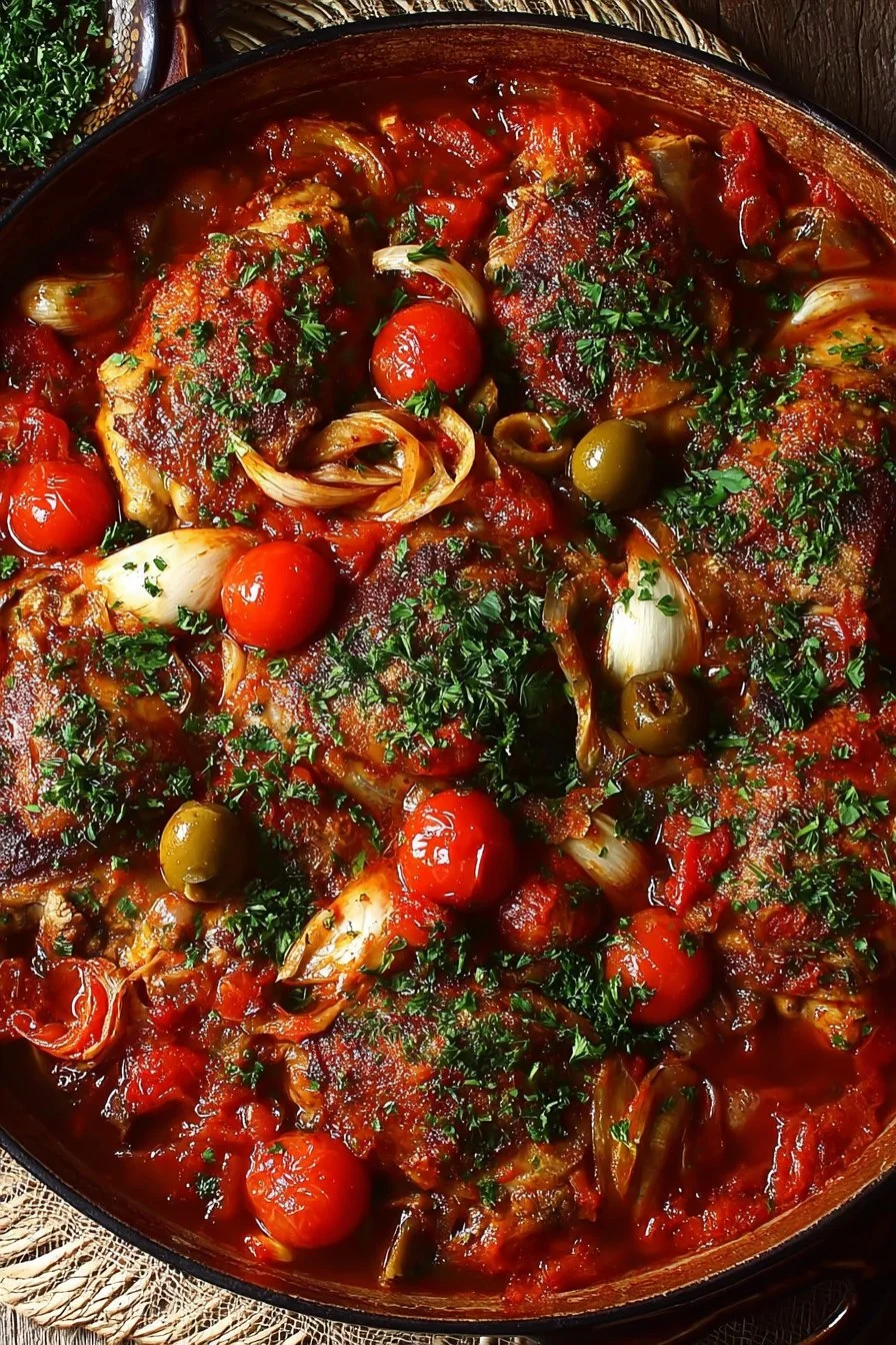 Classic Baked Chicken Cacciatore 2 Delicious plate of Classic Baked Chicken Cacciatore with vegetables and herbs