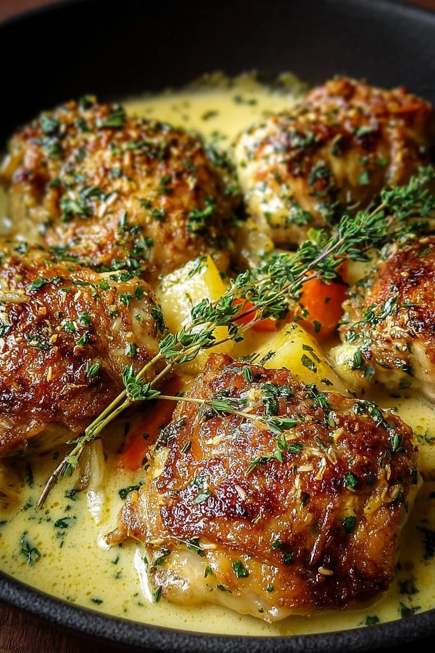 Creamy Baked Dijon Chicken Thighs 2 Creamy baked Dijon chicken thighs served on a plate