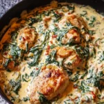 Creamy chicken parmesan skillet with spinach and melted cheese