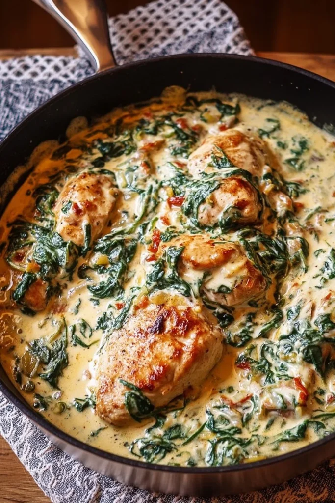Creamy chicken parmesan skillet with spinach and melted cheese