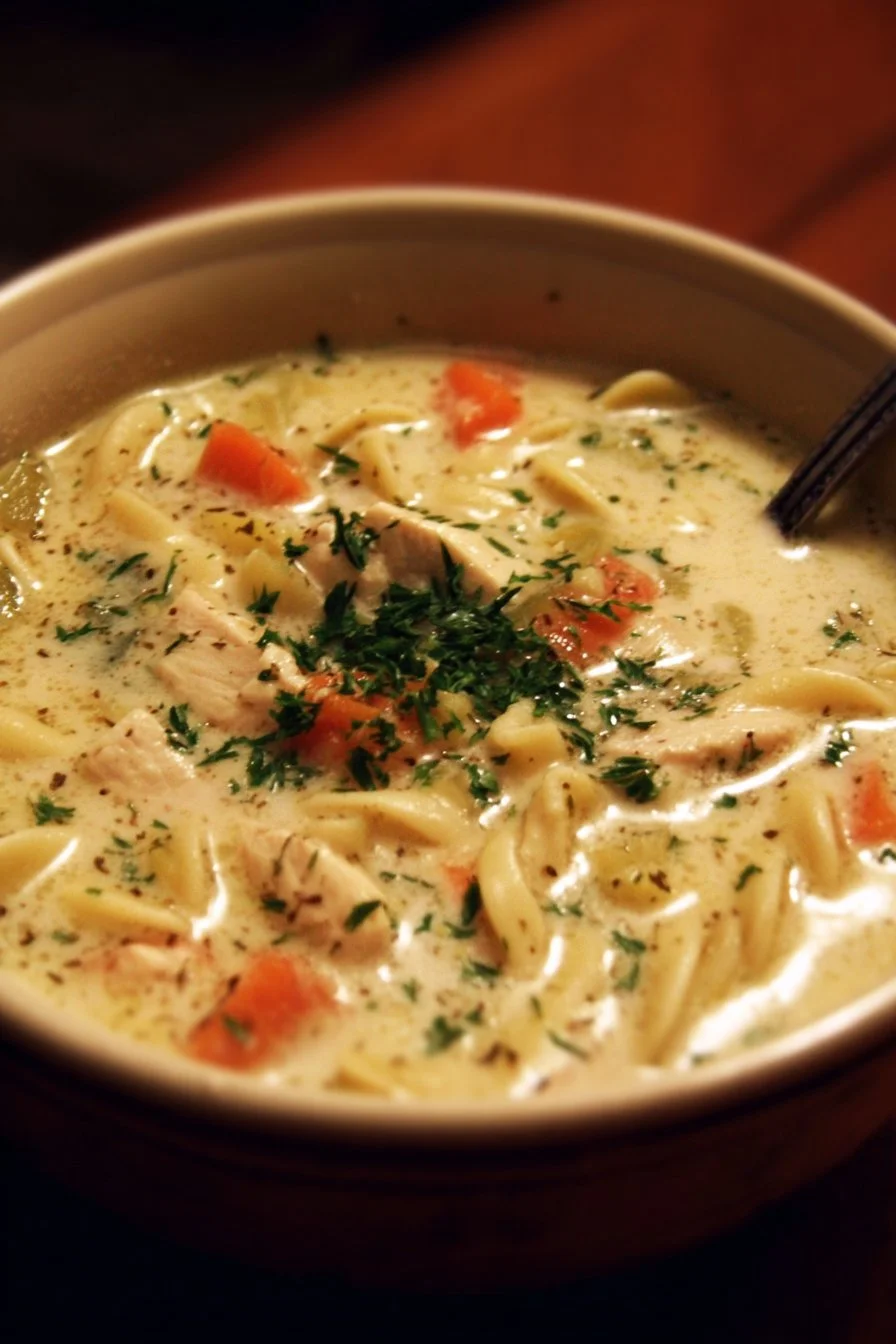 Bowl of creamy chicken noodle soup garnished with herbs and vegetables