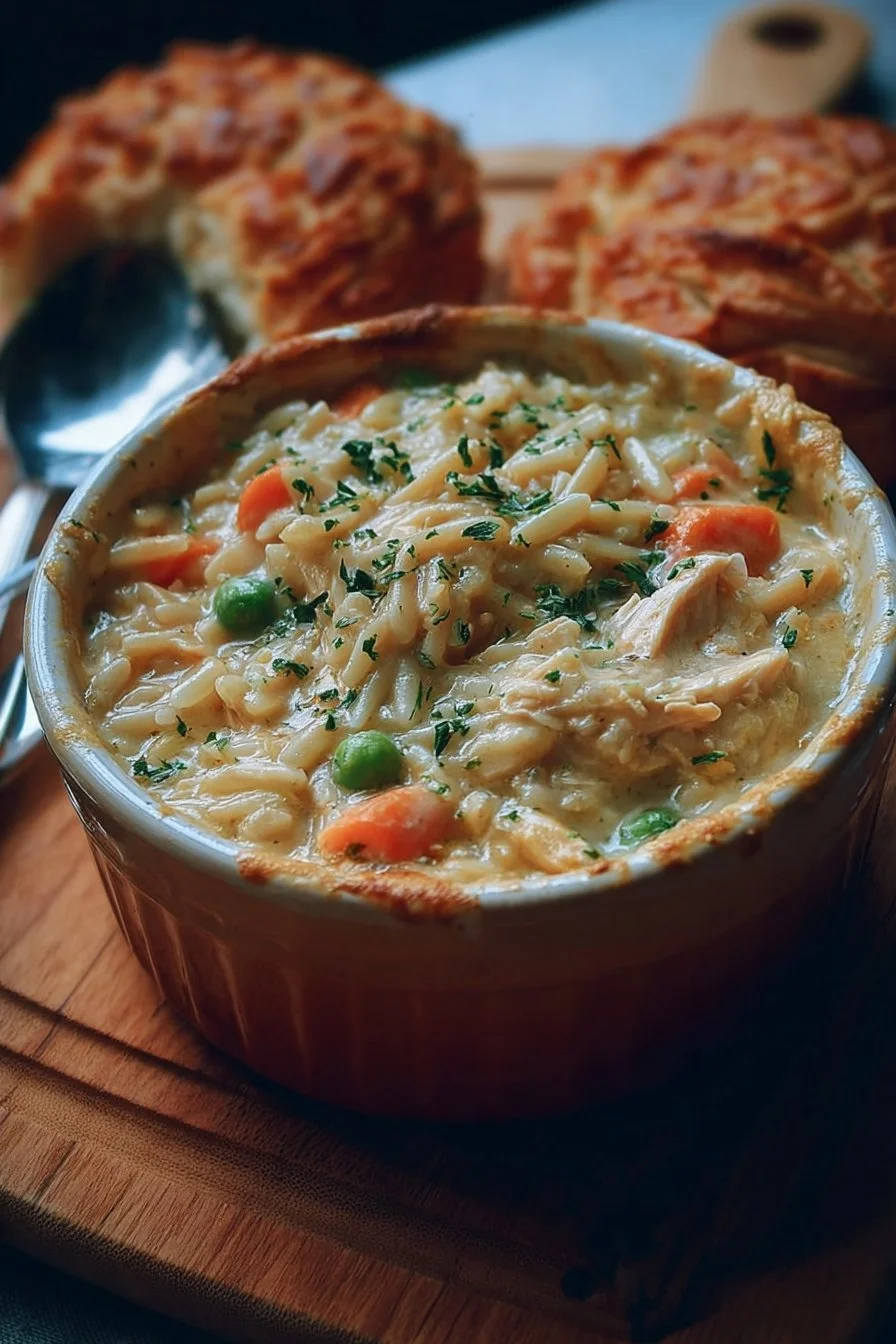 Creamy Chicken Pot Pie Orzo 2 Delicious creamy chicken pot pie orzo served in a bowl