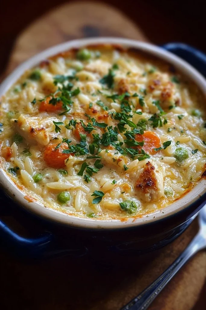 Creamy chicken pot pie orzo served in a bowl with fresh herbs.