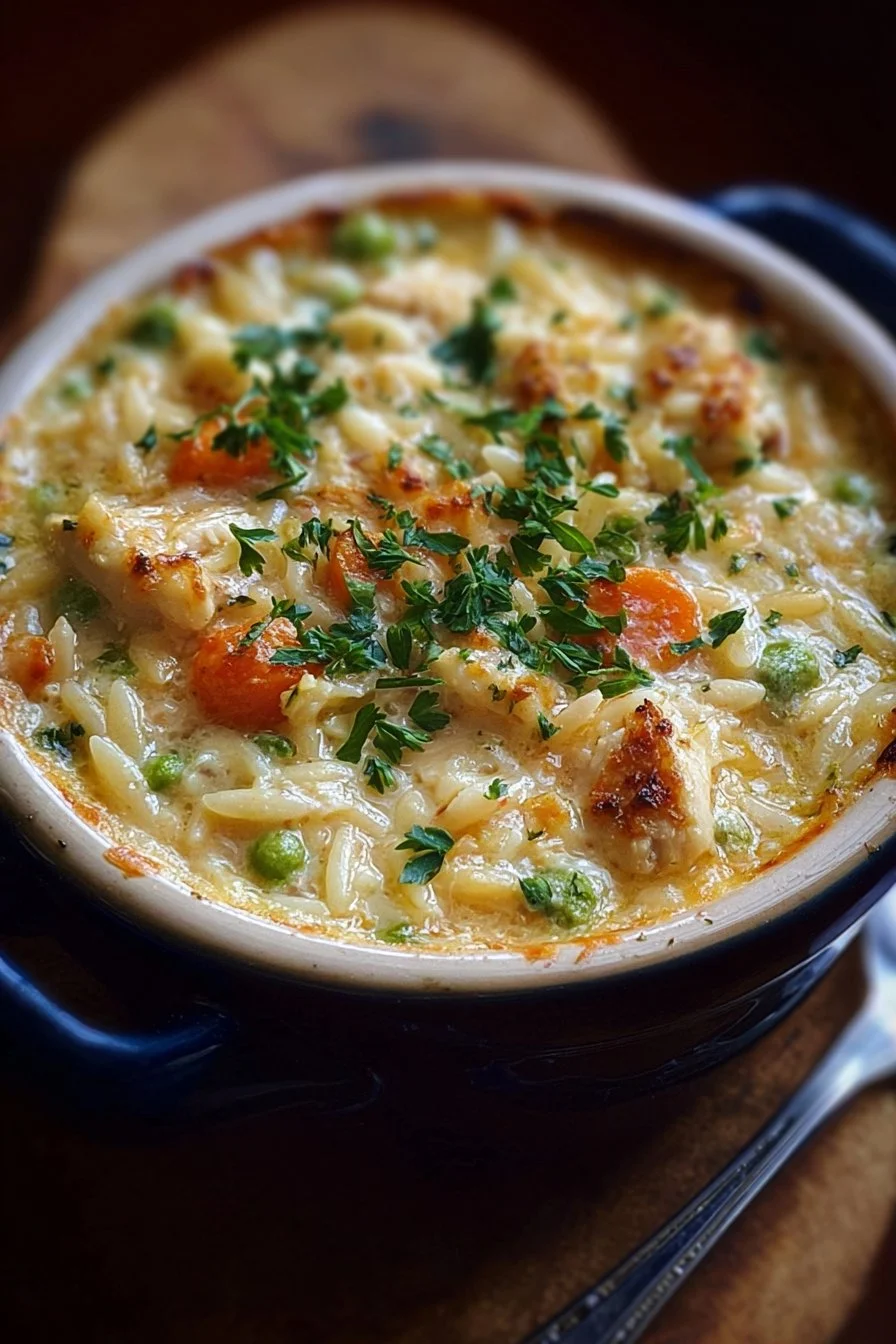 Creamy Chicken Pot Pie Orzo 2 Creamy chicken pot pie orzo served in a bowl with fresh herbs.