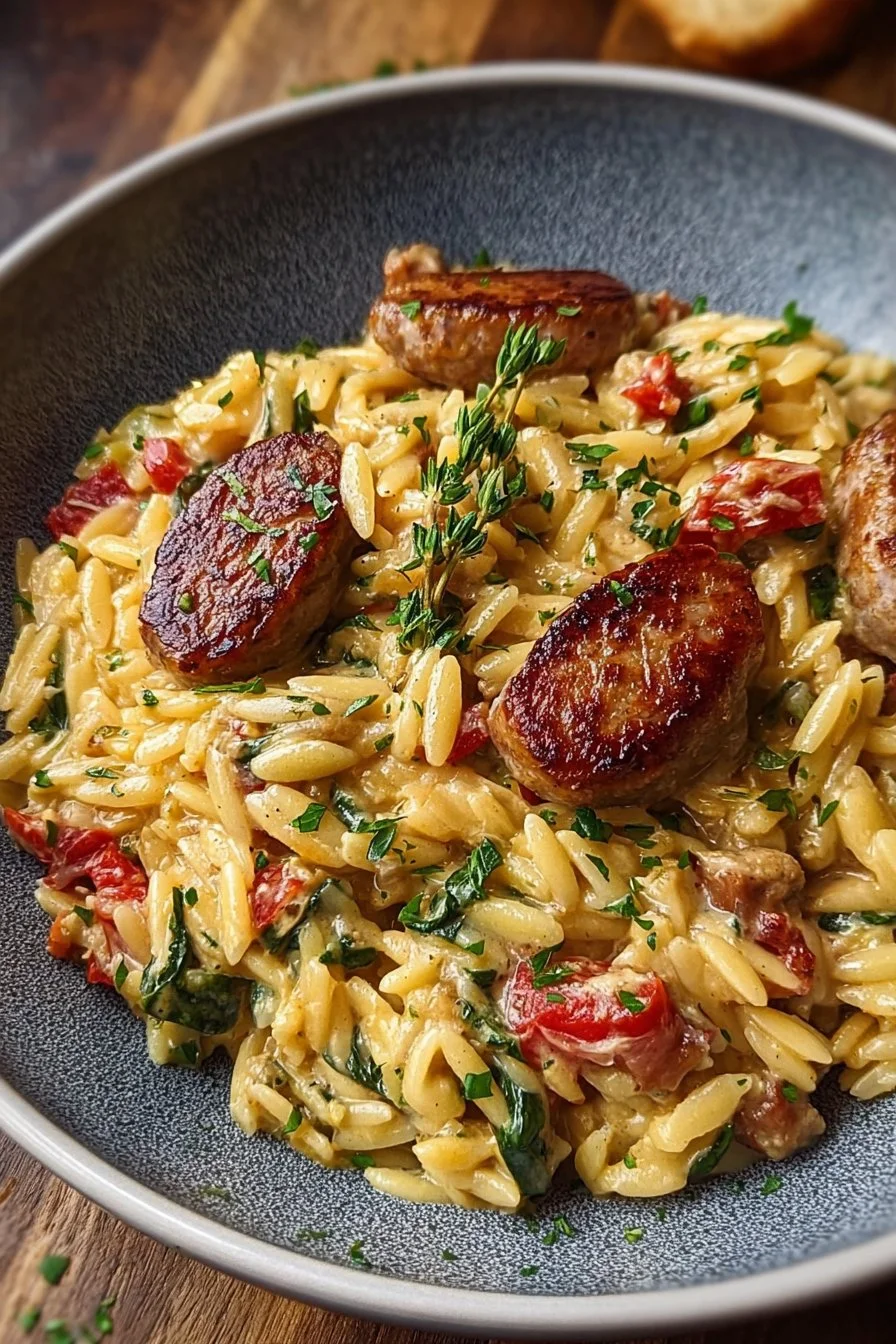 Creamy Chicken Sausage Orzo 2 Creamy chicken sausage orzo dish featuring herbs and vegetables.