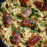 Creamy chicken sausage orzo served in a bowl garnished with herbs