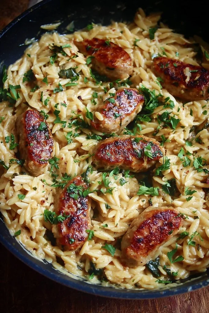 Creamy chicken sausage orzo served in a bowl garnished with herbs