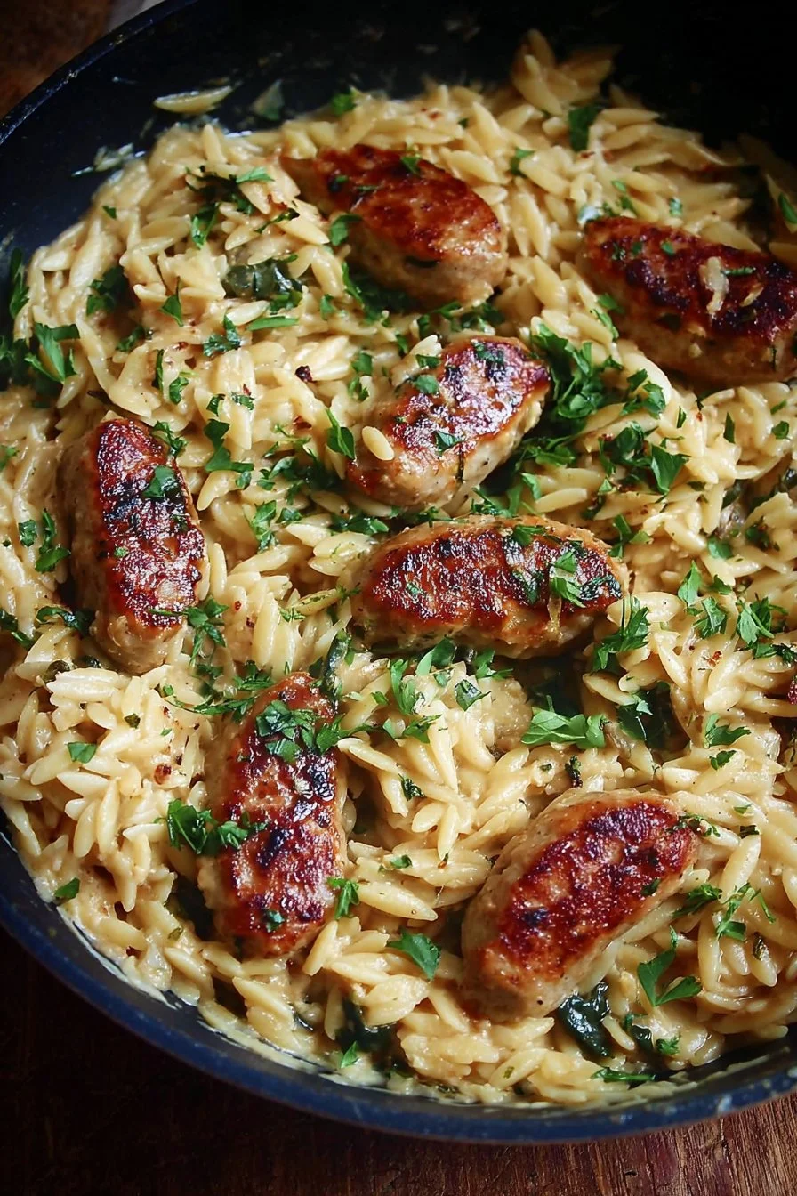 Creamy Chicken Sausage Orzo 2 Creamy chicken sausage orzo served in a bowl garnished with herbs