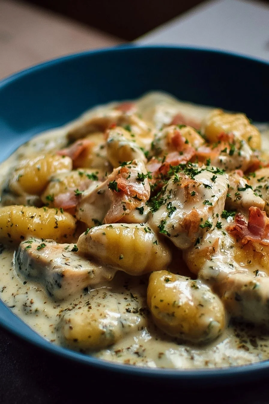 Creamy Crack Chicken Gnocchi dish served in a bowl with herbs