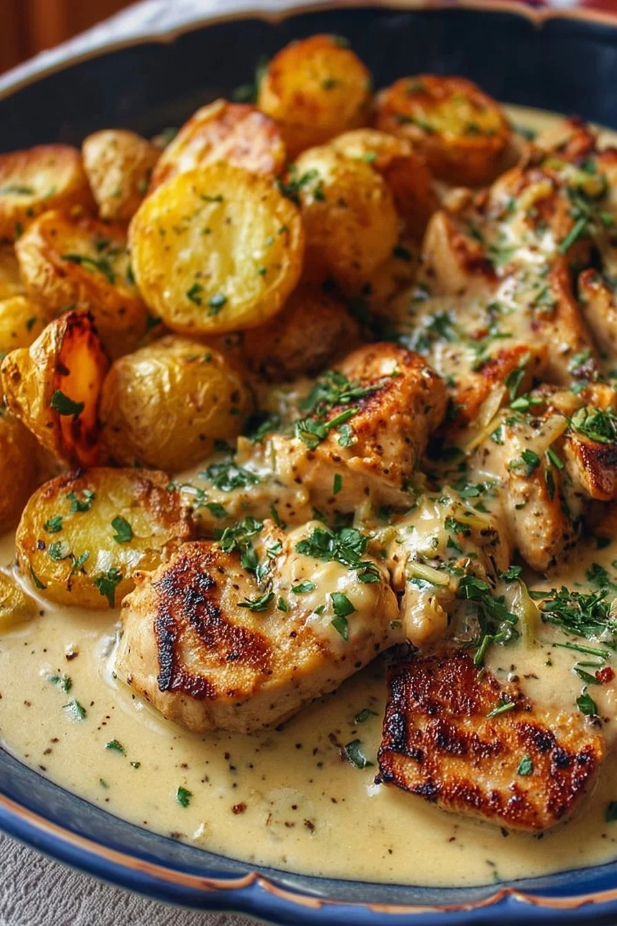 Creamy garlic chicken served with crispy roasted potatoes