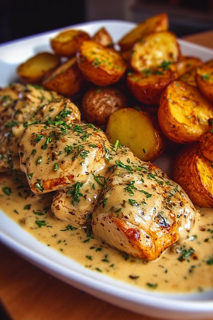 Creamy garlic chicken served with crispy potatoes for a delicious meal