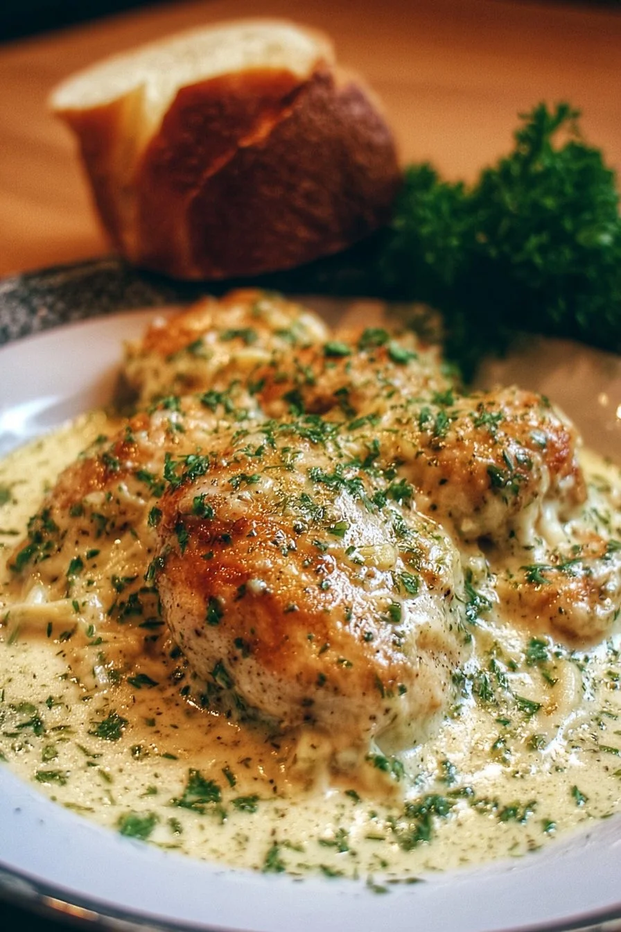 Creamy Garlic Parmesan Chicken 2 Delicious creamy garlic parmesan chicken served on a plate with garnishes.