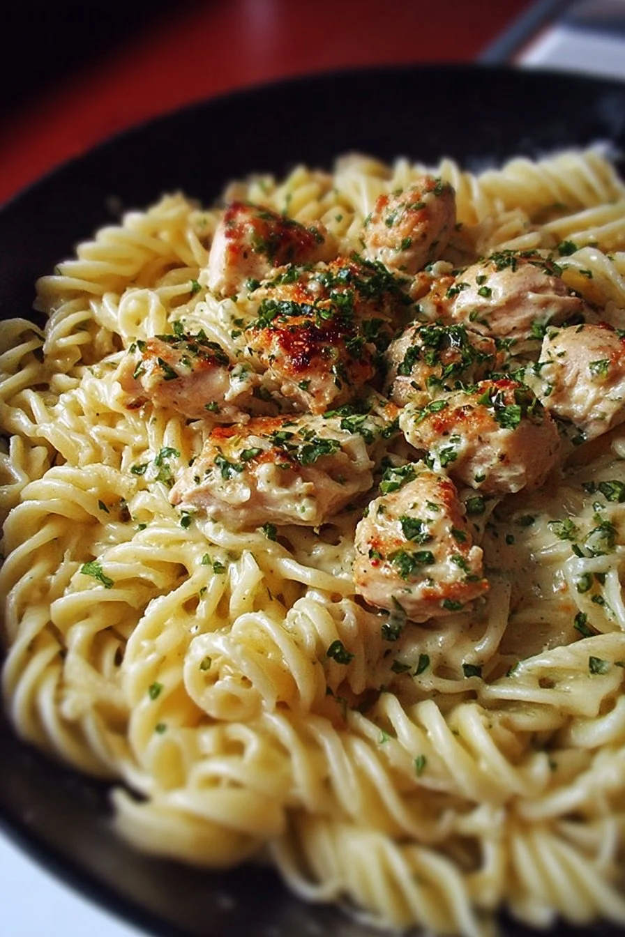 Creamy garlic parmesan chicken pasta with herbs and cheese