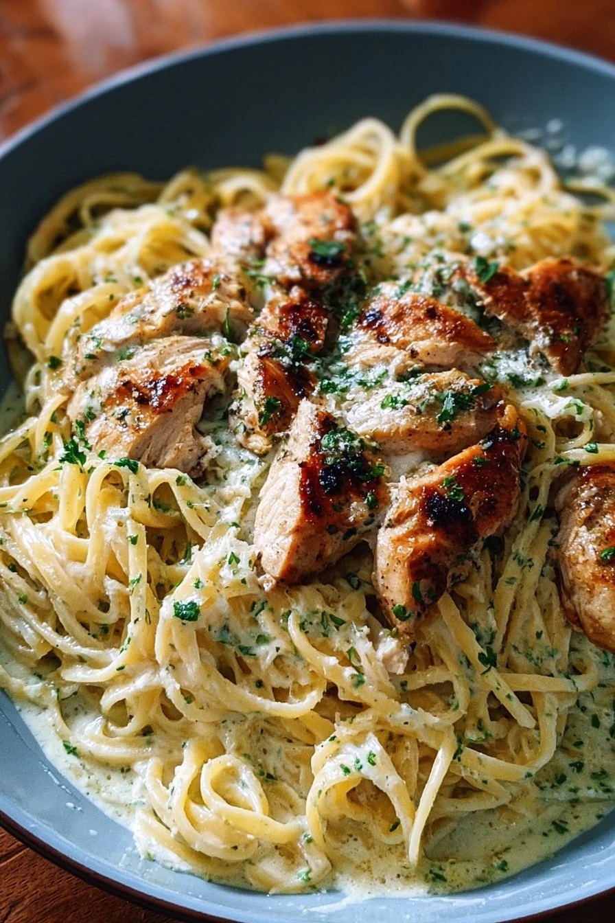 Delicious creamy garlic parmesan chicken pasta served in a bowl