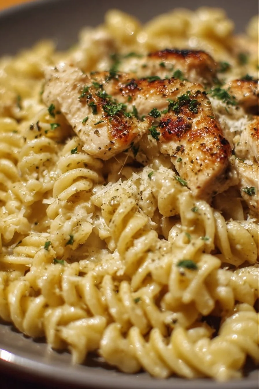 Creamy garlic parmesan chicken pasta dish served with herbs