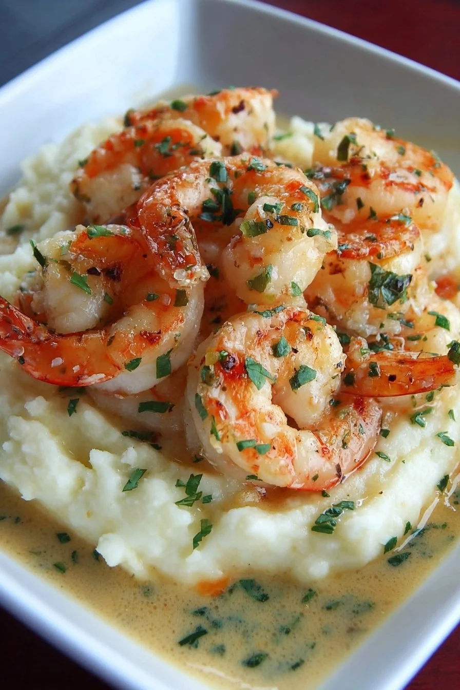 Creamy garlic shrimp dish served with mashed potatoes