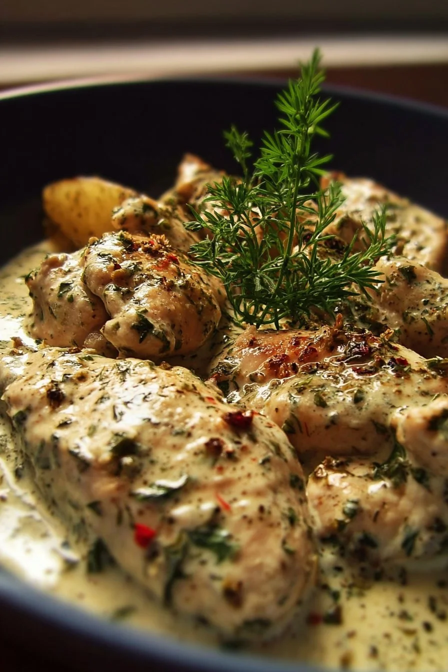 Creamy herb chicken dish plated with fresh herbs and garnished.