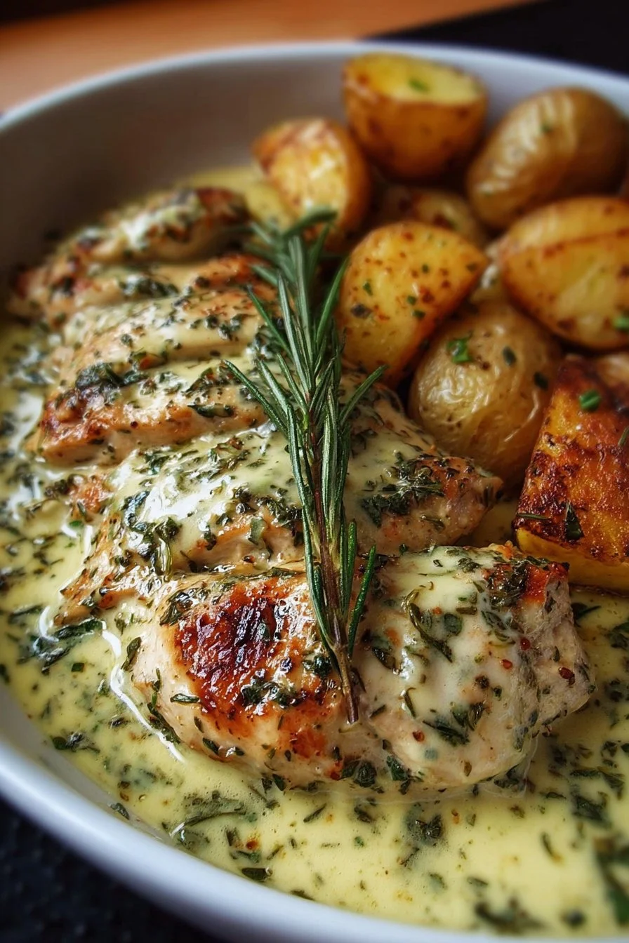 Creamy herb chicken served with roasted potatoes on a plate.