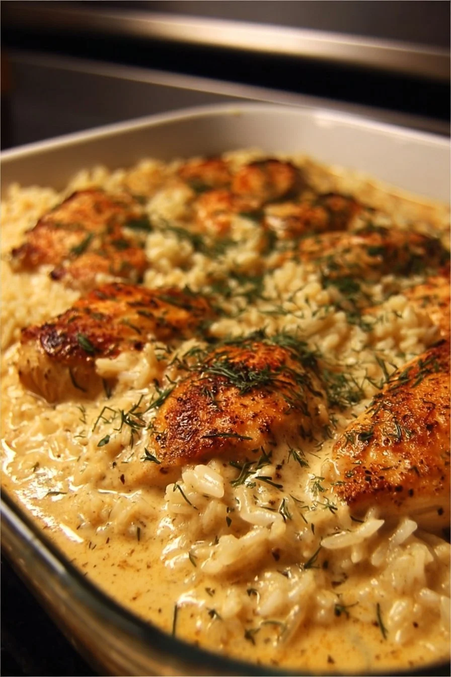 Creamy Smothered Chicken and Rice Bake 2 Creamy smothered chicken and rice bake dish served in a casserole