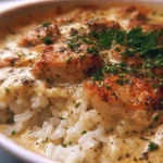 Creamy smothered chicken and rice bake served in a dish