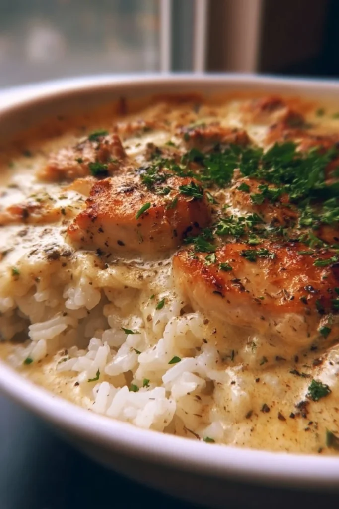 Creamy smothered chicken and rice bake served in a dish