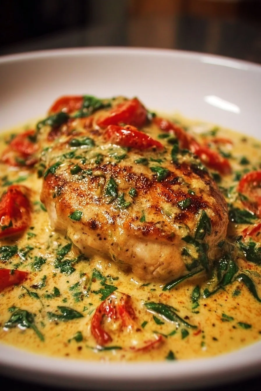 Delicious creamy Tuscan Chicken with spinach and sun-dried tomatoes