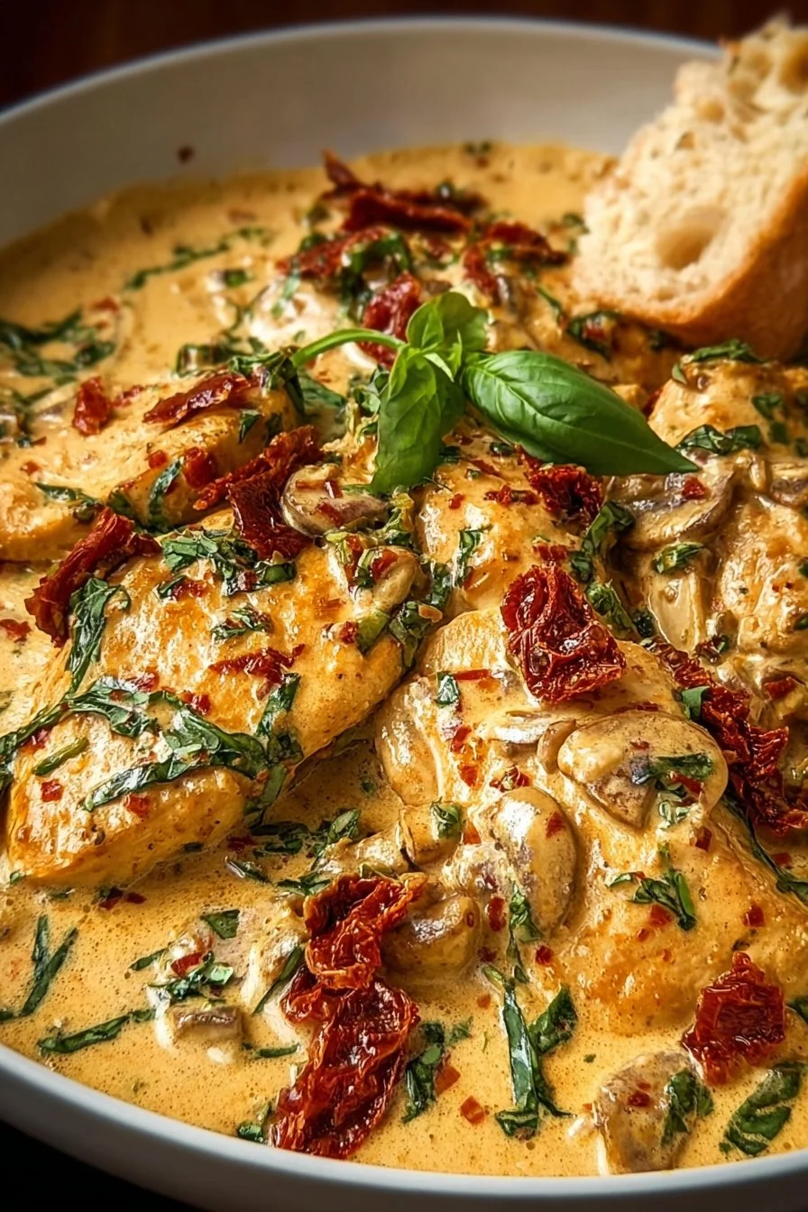 Creamy Tuscan chicken served with fresh herbs and ingredients