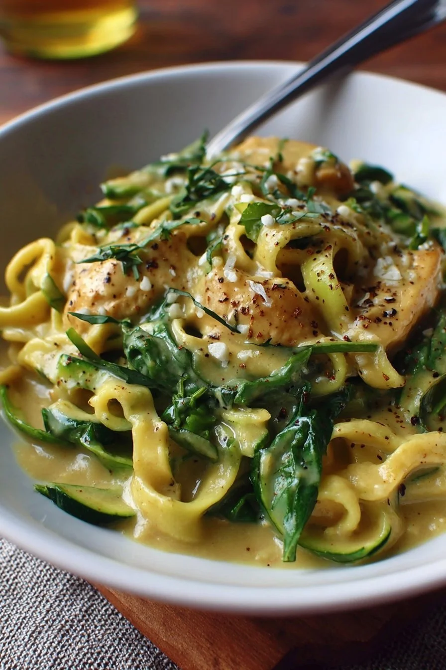 Creamy Zucchini Noodles with Cashew Sauce 2 Creamy zucchini noodles with cashew sauce garnished with fresh herbs and spices